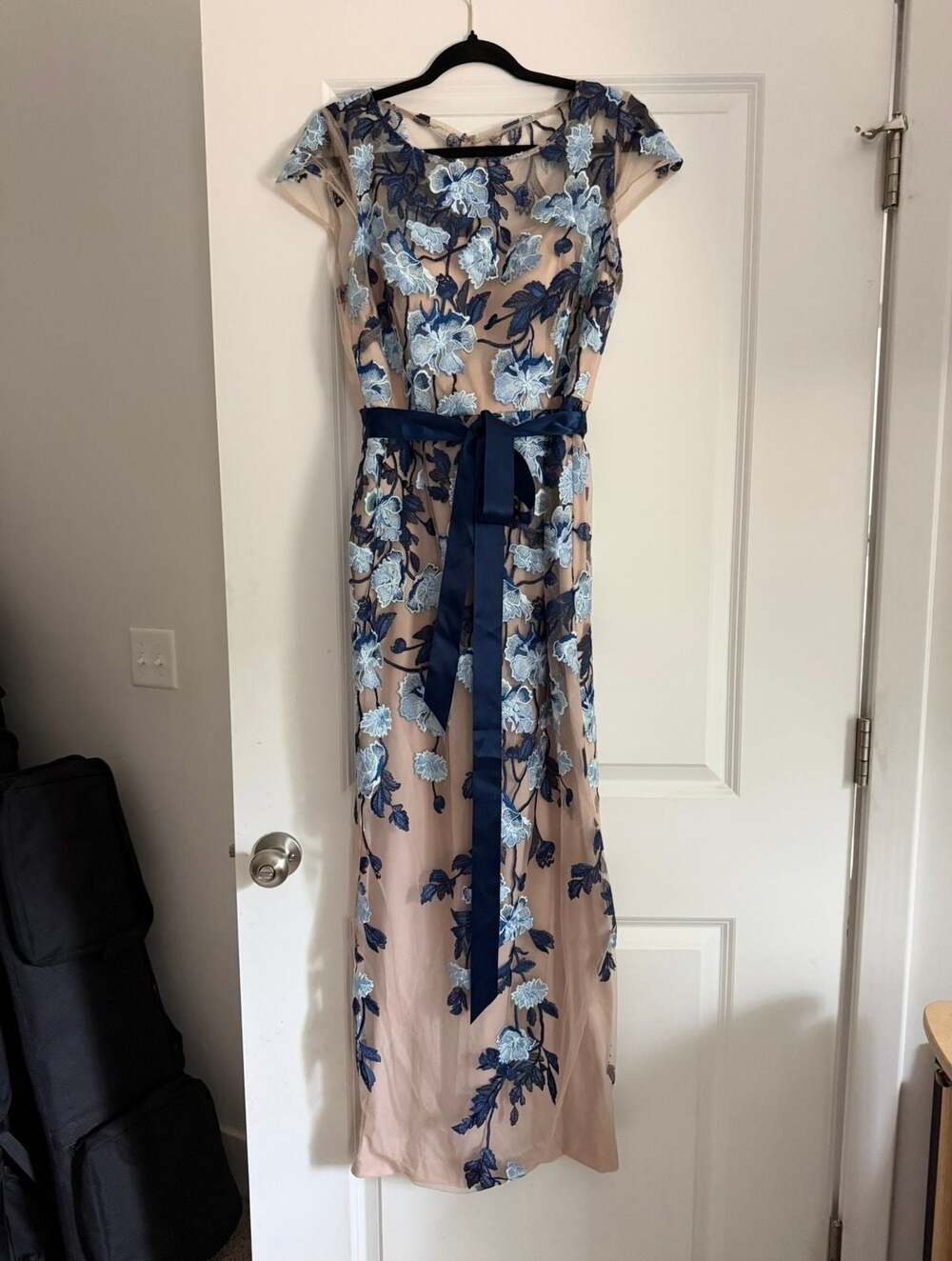 Adrianna Papell Cascading Floral Embroidered Column Gown with Ribbon Sash